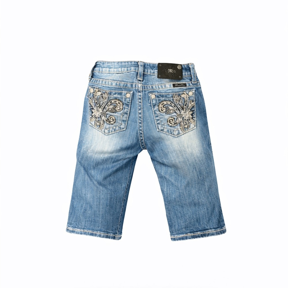 Embellished Light Wash Denim Capri Shorts - Kids